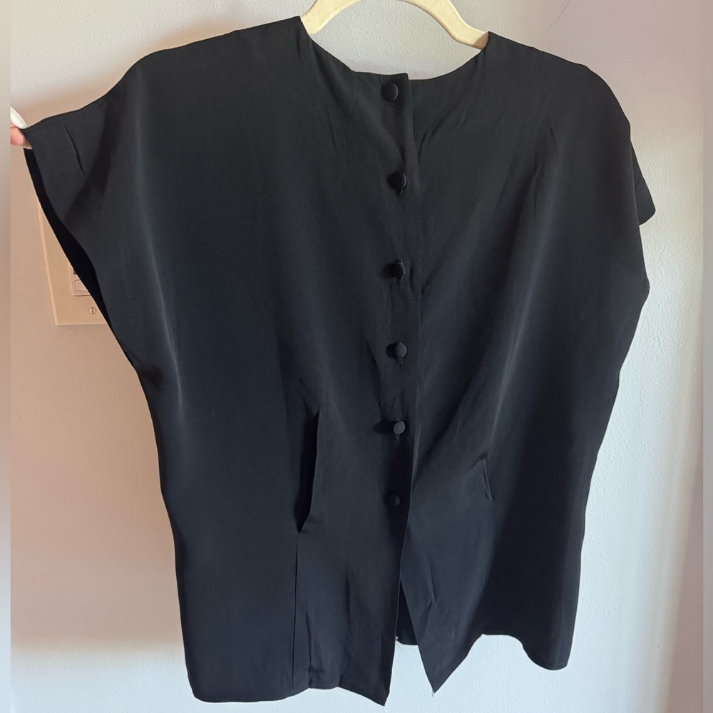 Vintage 1940’s - 50’s Silky Black Bias Cut Short Sleeve Blouse w Rhinestones MED - Picture 7 of 10